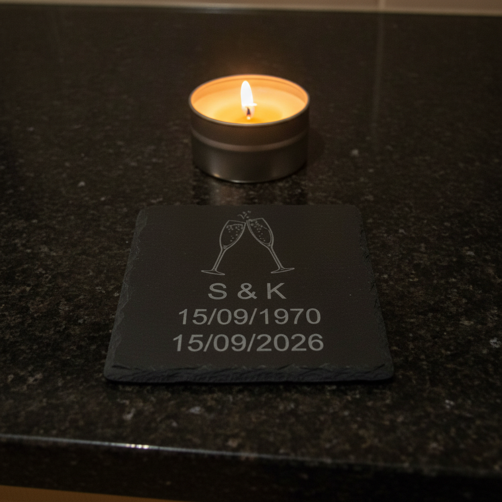 Personalised Coasters - Wedding. Any Text and Font. 10cm x 10cm. Bumper Feet.