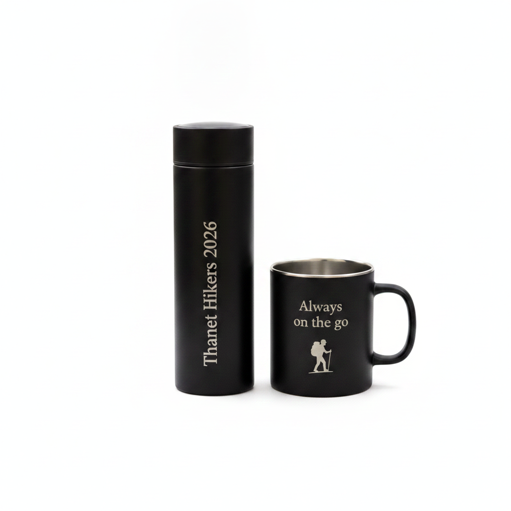 Personalised Stainless Steel  500ml Thermos, (with LED Temperature display) and Mug Combo. Any Text and Font.