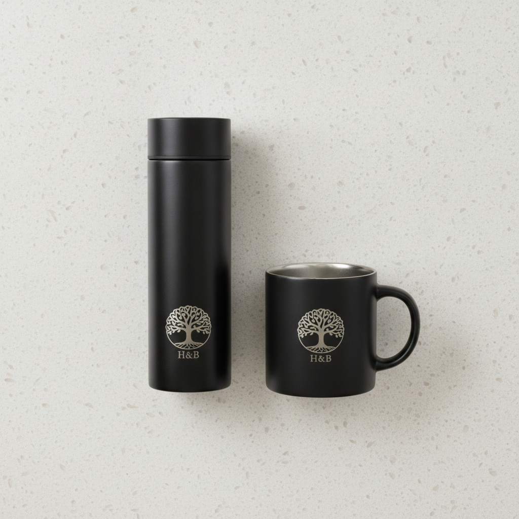 Personalised Stainless Steel  500ml Thermos, (with LED Temperature display) and Mug Combo. Any Text and Font.