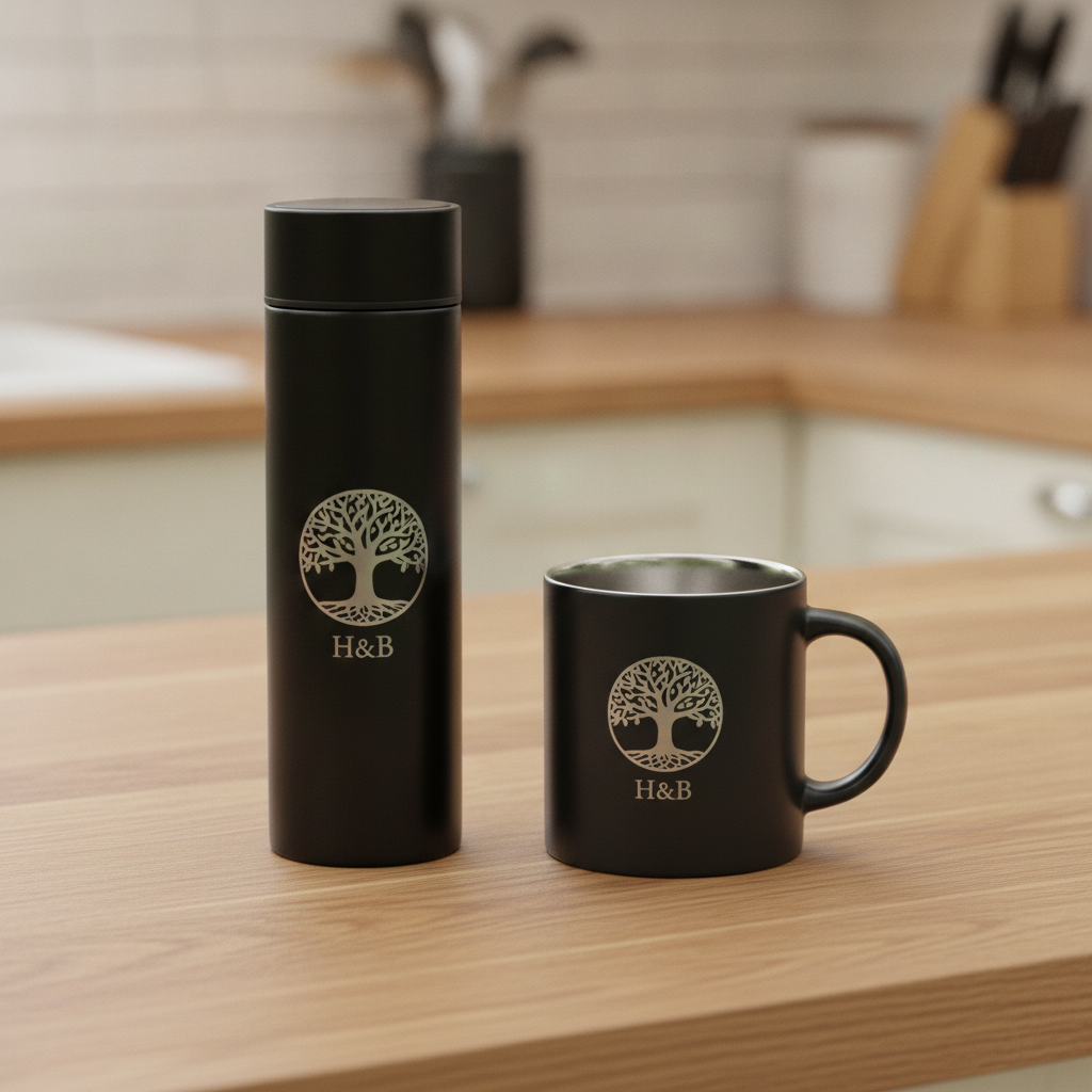 Personalised Stainless Steel  500ml Thermos, (with LED Temperature display) and Mug Combo. Any Text and Font.