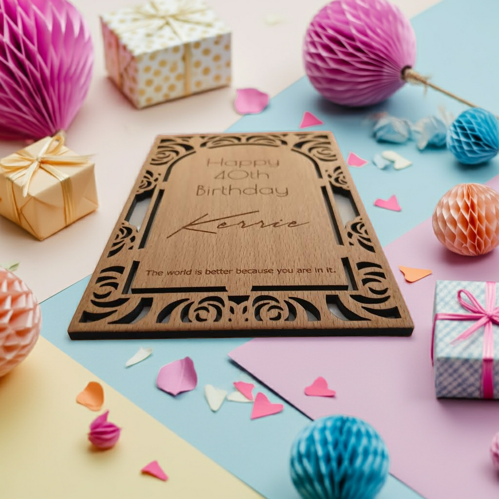 Personalised Steamed Beech Wood Birthday or Celebration Card, Any font and Text.