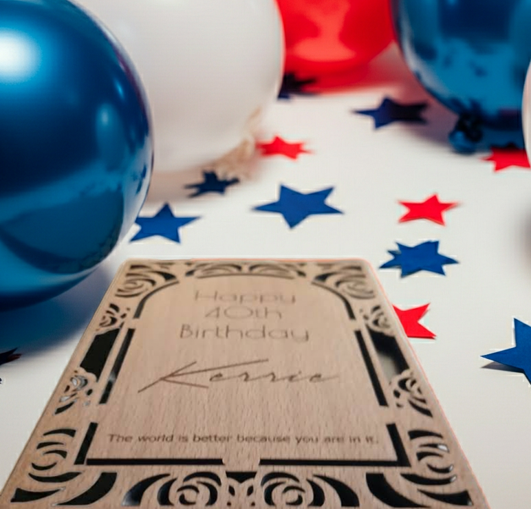Personalised Steamed Beech Wood Birthday or Celebration Card, Any font and Text.