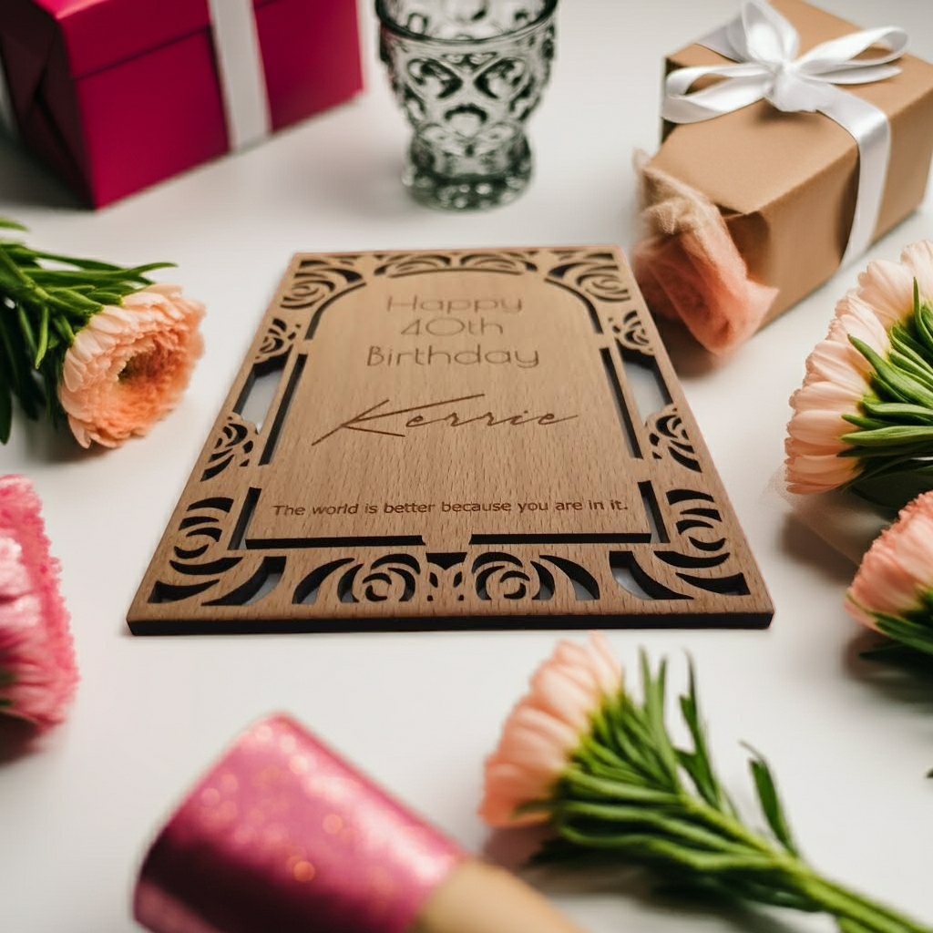 Personalised Steamed Beech Wood Birthday or Celebration Card, Any font and Text.
