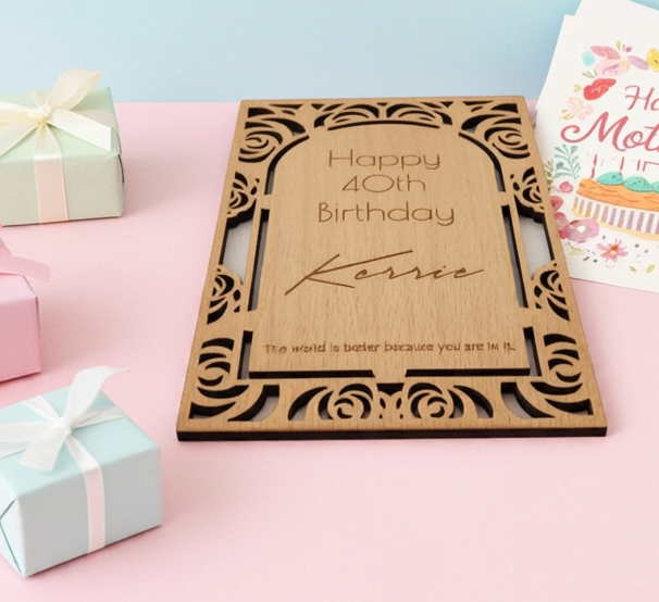 Personalised Steamed Beech Wood Birthday or Celebration Card, Any font and Text.