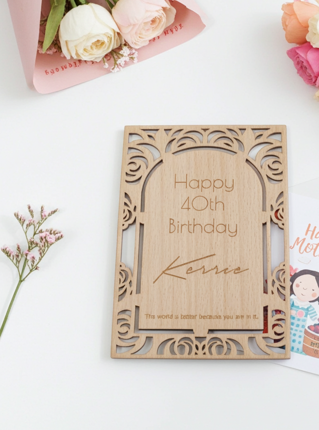Personalised Steamed Beech Wood Birthday or Celebration Card, Any font and Text.