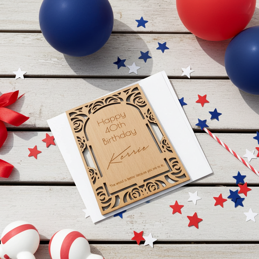 Personalised Steamed Beech Wood Birthday or Celebration Card, Any font and Text.