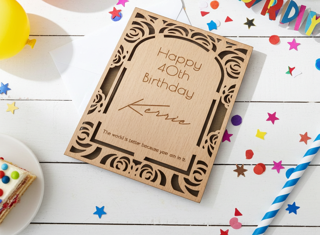 Personalised Steamed Beech Wood Birthday or Celebration Card, Any font and Text.