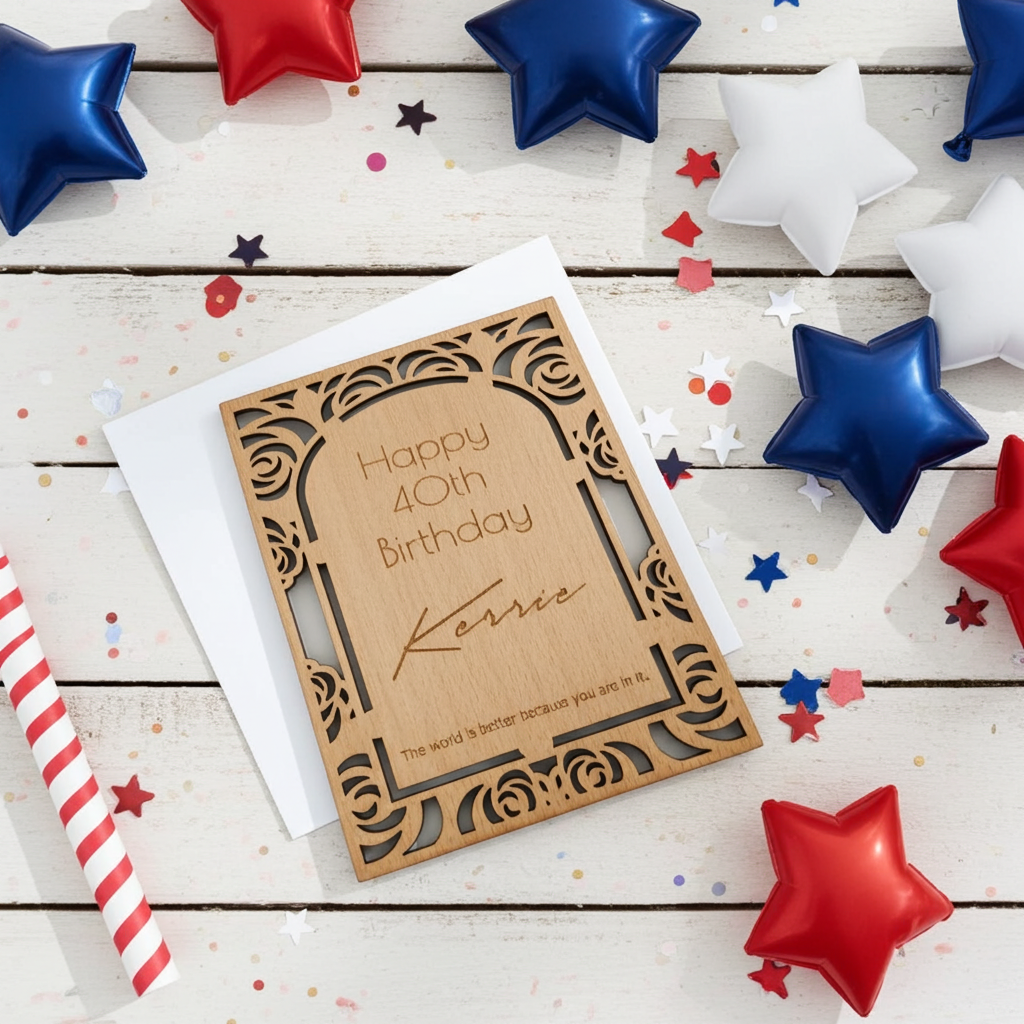 Personalised Steamed Beech Wood Birthday or Celebration Card, Any font and Text.