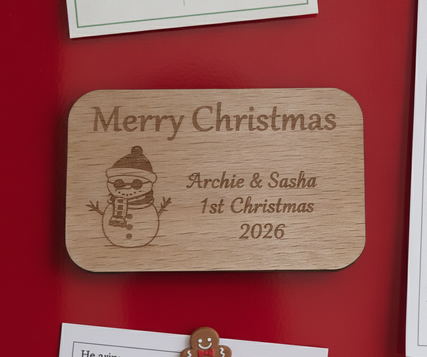 Personalised Steamed Beech Wood Christmas Fridge Magnet | Custom Holiday Gift Credit Card Size
