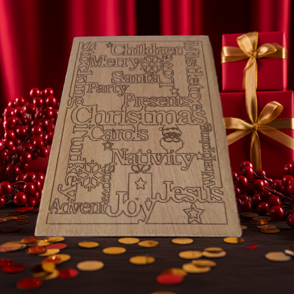 Personalised Steamed Beech Wood, Christmas Card. 150mm x 100mm x 4mm. Any font, Any Text.