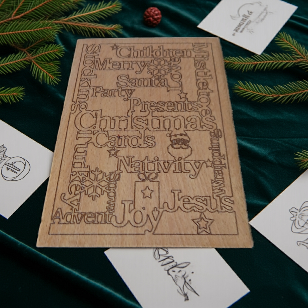 Personalised Steamed Beech Wood, Christmas Card. 150mm x 100mm x 4mm. Any font, Any Text.