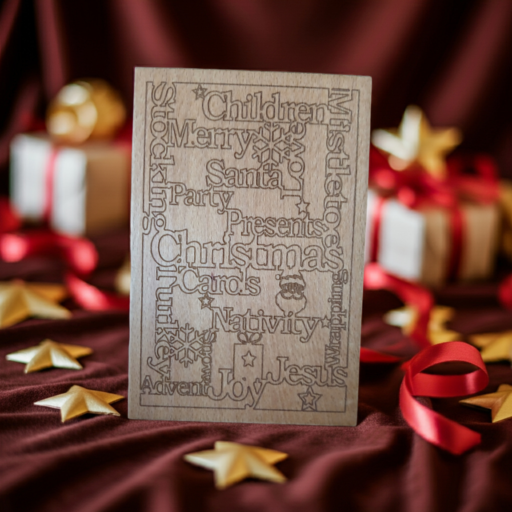 Personalised Steamed Beech Wood, Christmas Card. 150mm x 100mm x 4mm. Any font, Any Text.