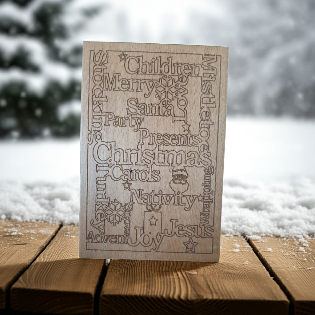 Personalised Steamed Beech Wood, Christmas Card. 150mm x 100mm x 4mm. Any font, Any Text.