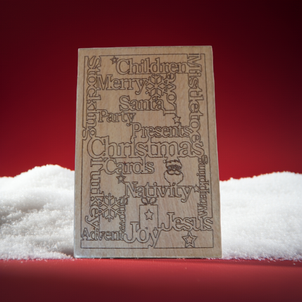 Personalised Steamed Beech Wood, Christmas Card. 150mm x 100mm x 4mm. Any font, Any Text.