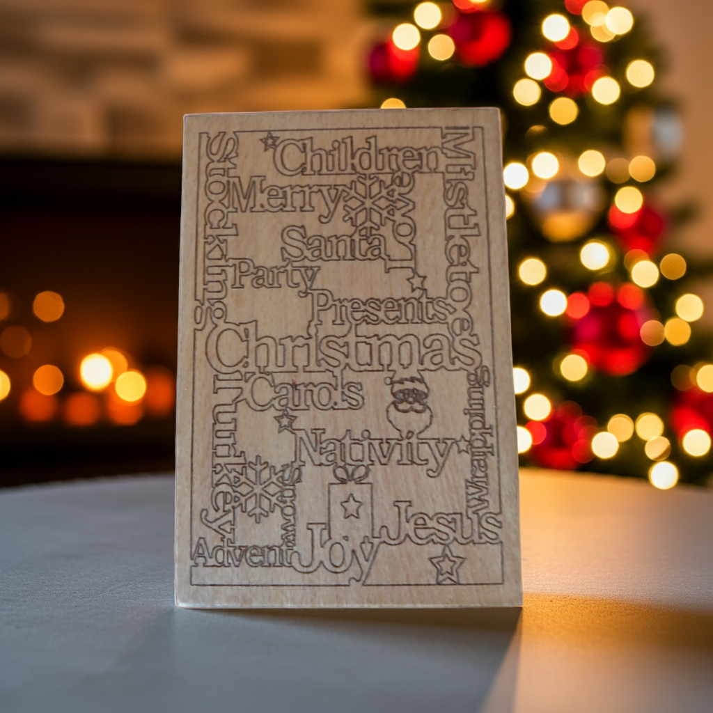 Personalised Steamed Beech Wood, Christmas Card. 150mm x 100mm x 4mm. Any font, Any Text.