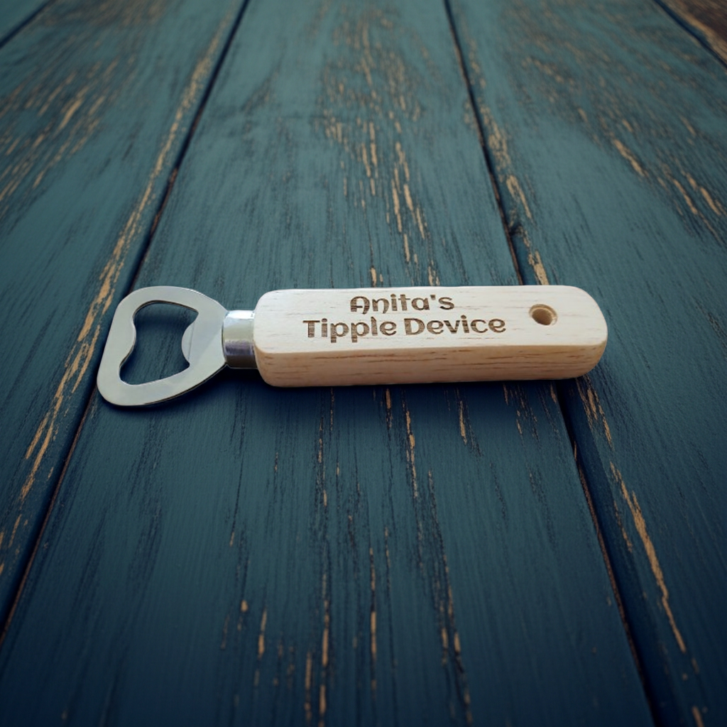 Personalised Wood Handle Bottler Openers. Any font and Text. Total Length: 14cm.