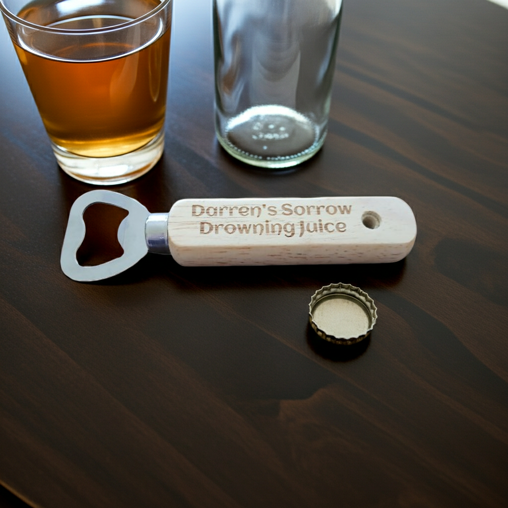 Personalised Wood Handle Bottler Openers. Any font and Text. Total Length: 14cm.