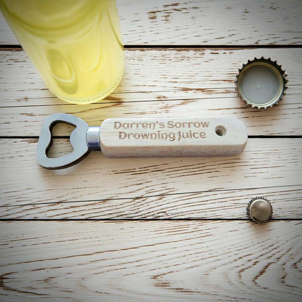 Personalised Wood Handle Bottler Openers. Any font and Text. Total Length: 14cm.