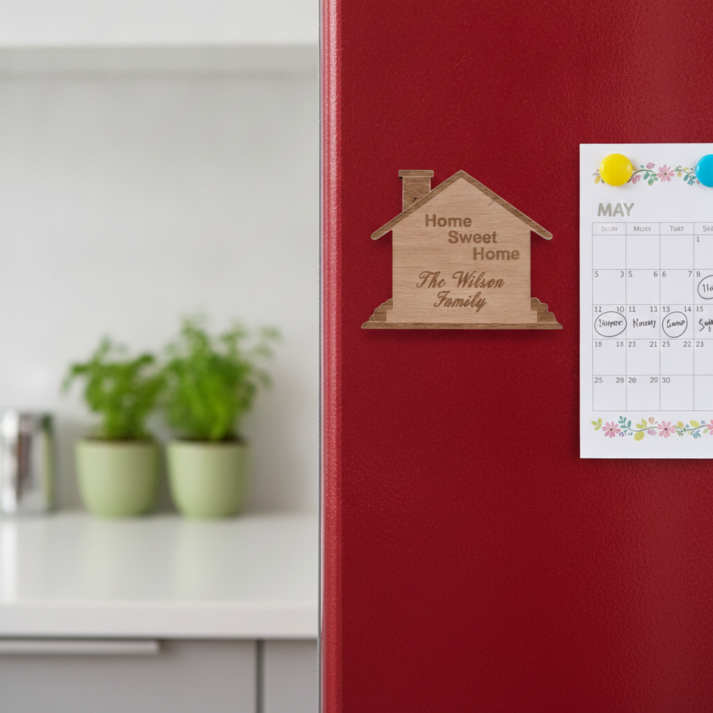 Personalised Wooden House Fridge Magnet - Steamed Beech Wood Custom Family Gift (70mm x 70mm)
