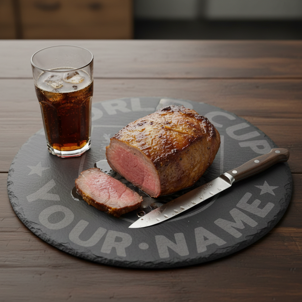 Personalised, World Cup, 30cm Round Slate Serving Platter for hot & cold food or drinks. With bumper feet and waterproofed. Any text and font.