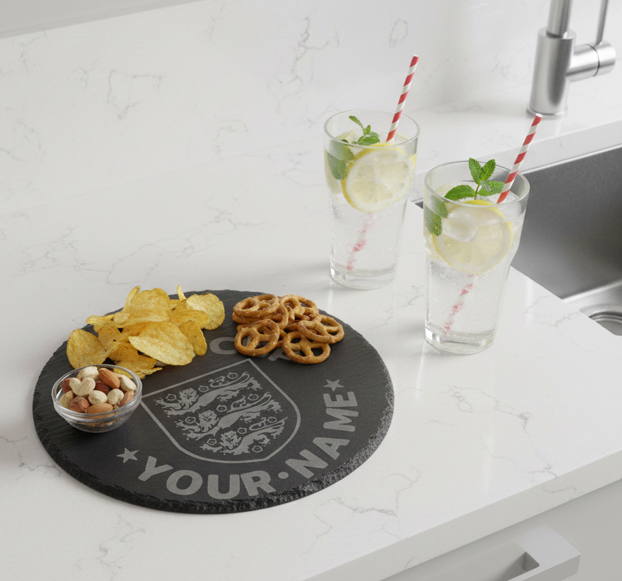 Personalised, World Cup, 30cm Round Slate Serving Platter for hot & cold food or drinks. With bumper feet and waterproofed. Any text and font.