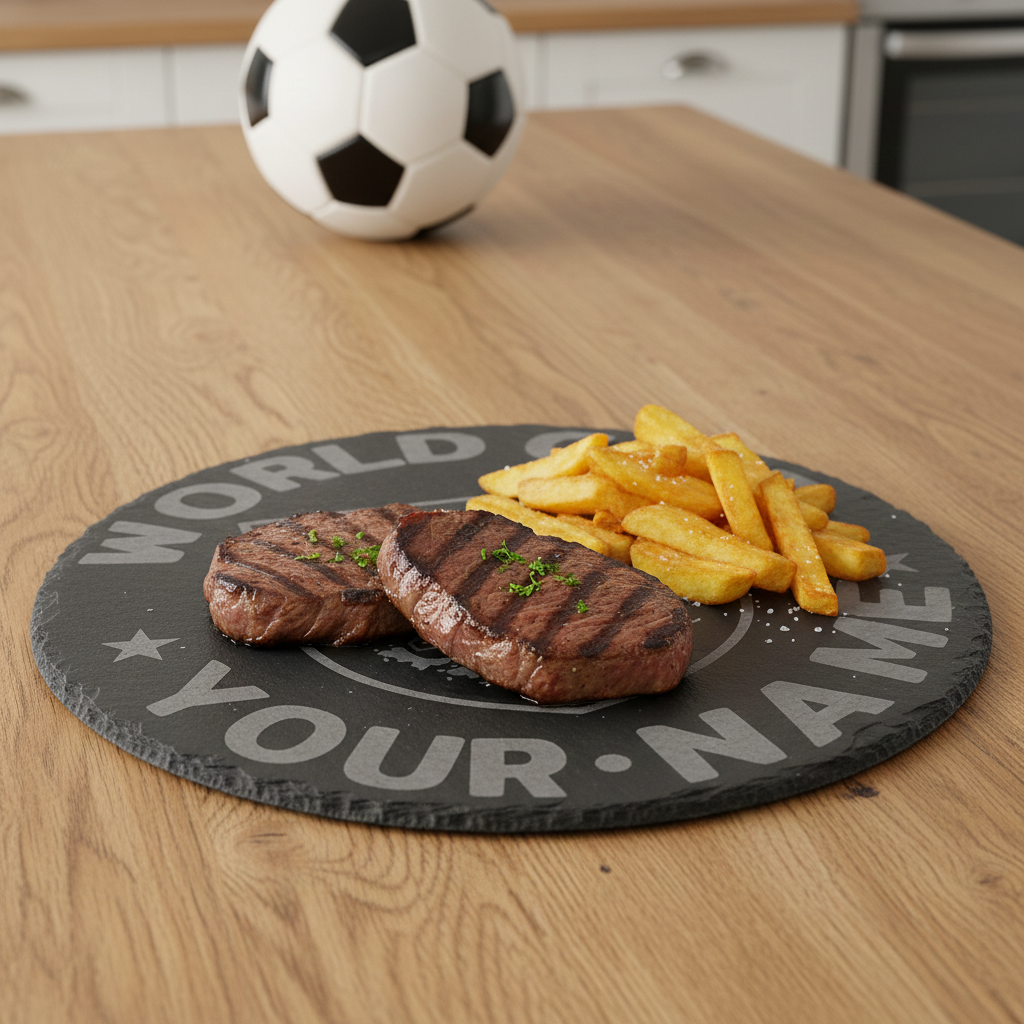 Personalised, World Cup, 30cm Round Slate Serving Platter for hot & cold food or drinks. With bumper feet and waterproofed. Any text and font.