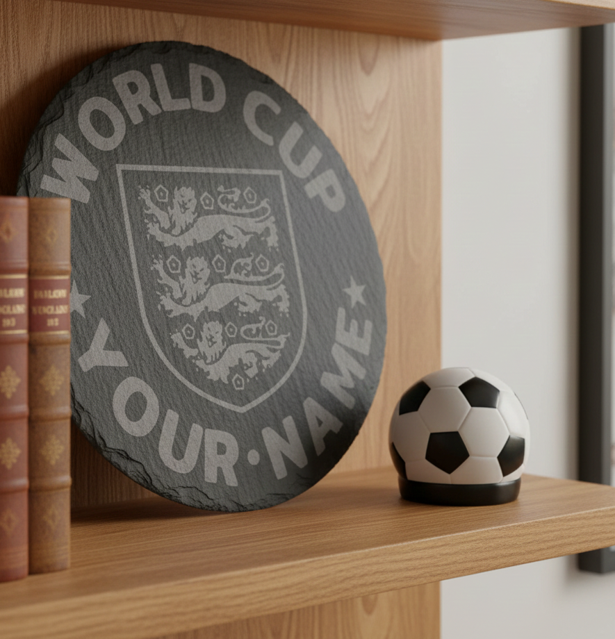 Personalised, World Cup, 30cm Round Slate Serving Platter for hot & cold food or drinks. With bumper feet and waterproofed. Any text and font.