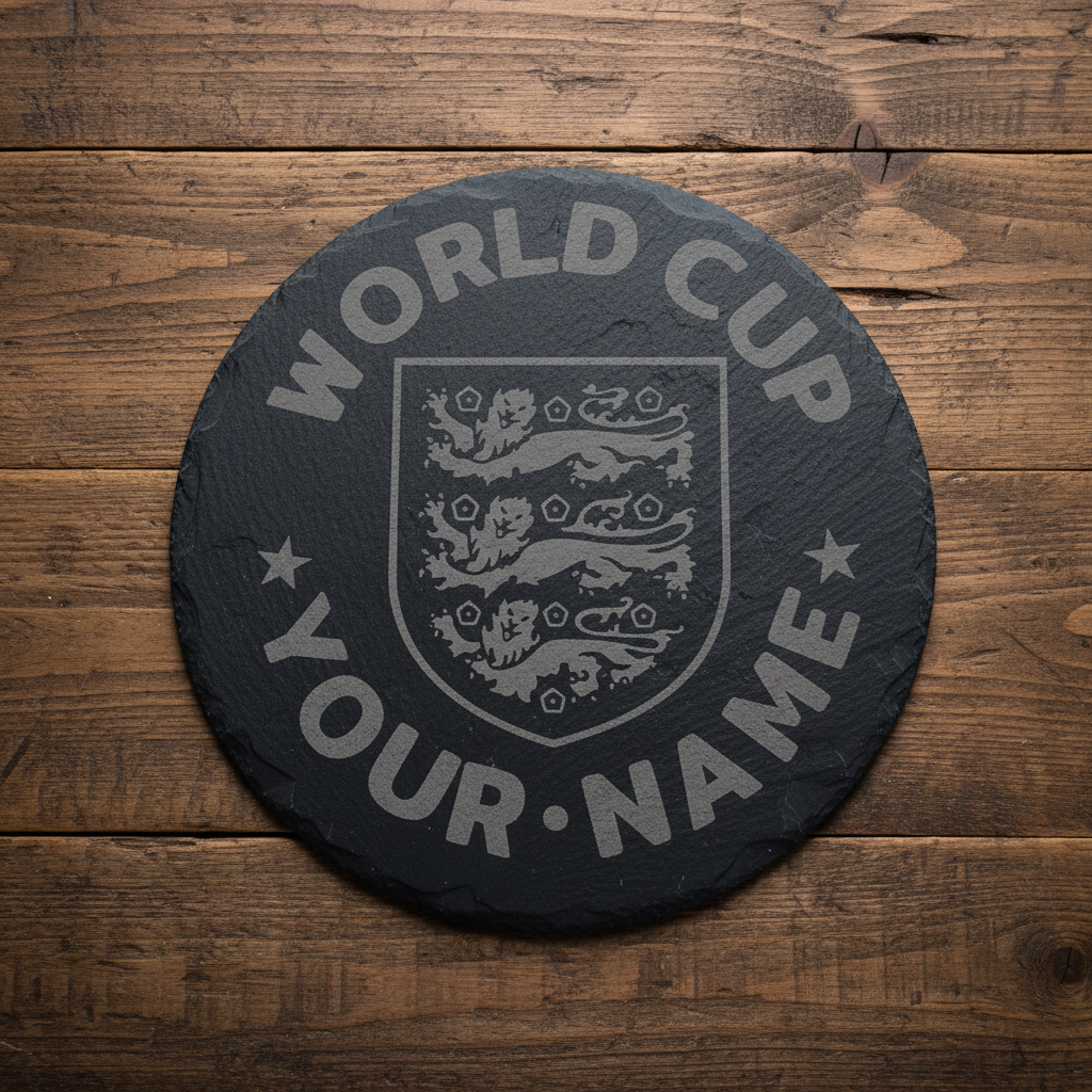 Personalised, World Cup, 30cm Round Slate Serving Platter for hot & cold food or drinks. With bumper feet and waterproofed. Any text and font.