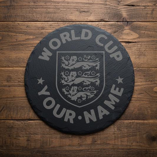 Personalised, World Cup, 30cm Round Slate Serving Platter for hot & cold food or drinks. With bumper feet and waterproofed. Any text and font.