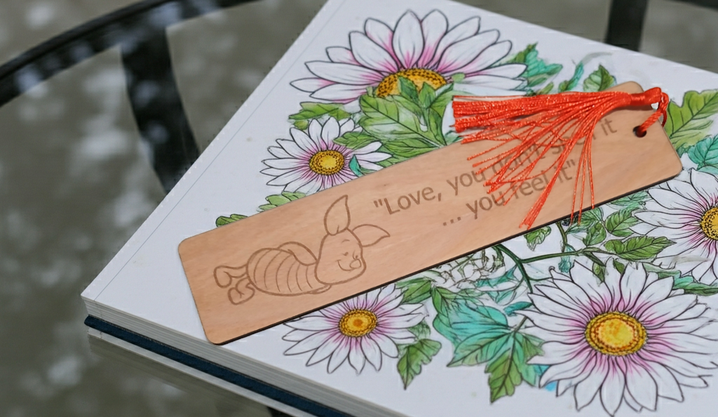 Piglet- Winnie-The-Pooh- Steamed Beech Bookmark, engraved with quote. Tassel attached.