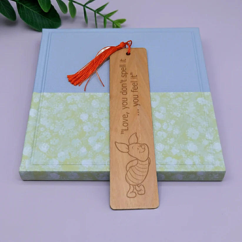 Winnie-The-Pooh Combo,  x6 Black topped wood coasters with bumper feet & 2 Personalised beech bookmarks with tassels.