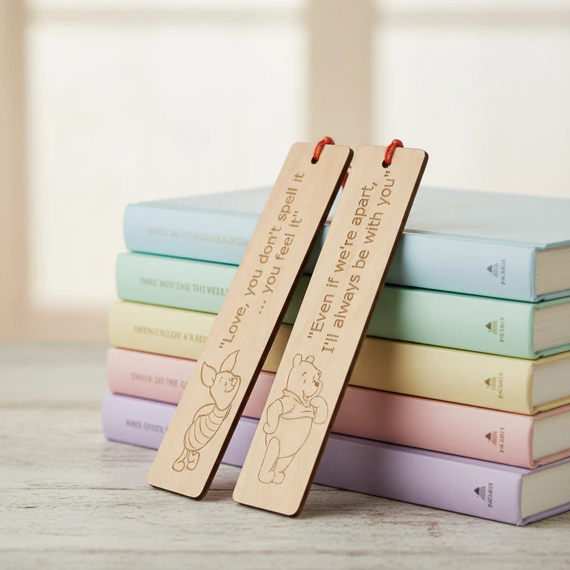 Winnie-The-Pooh Combo,  x6 Black topped wood coasters with bumper feet & 2 Personalised beech bookmarks with tassels.