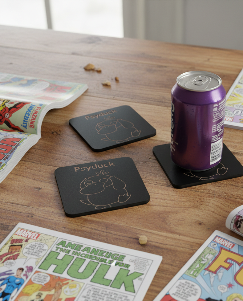 Set of 6, Pokémon Drink Coasters Collection. Black Topped Wood with Bumper Feet.