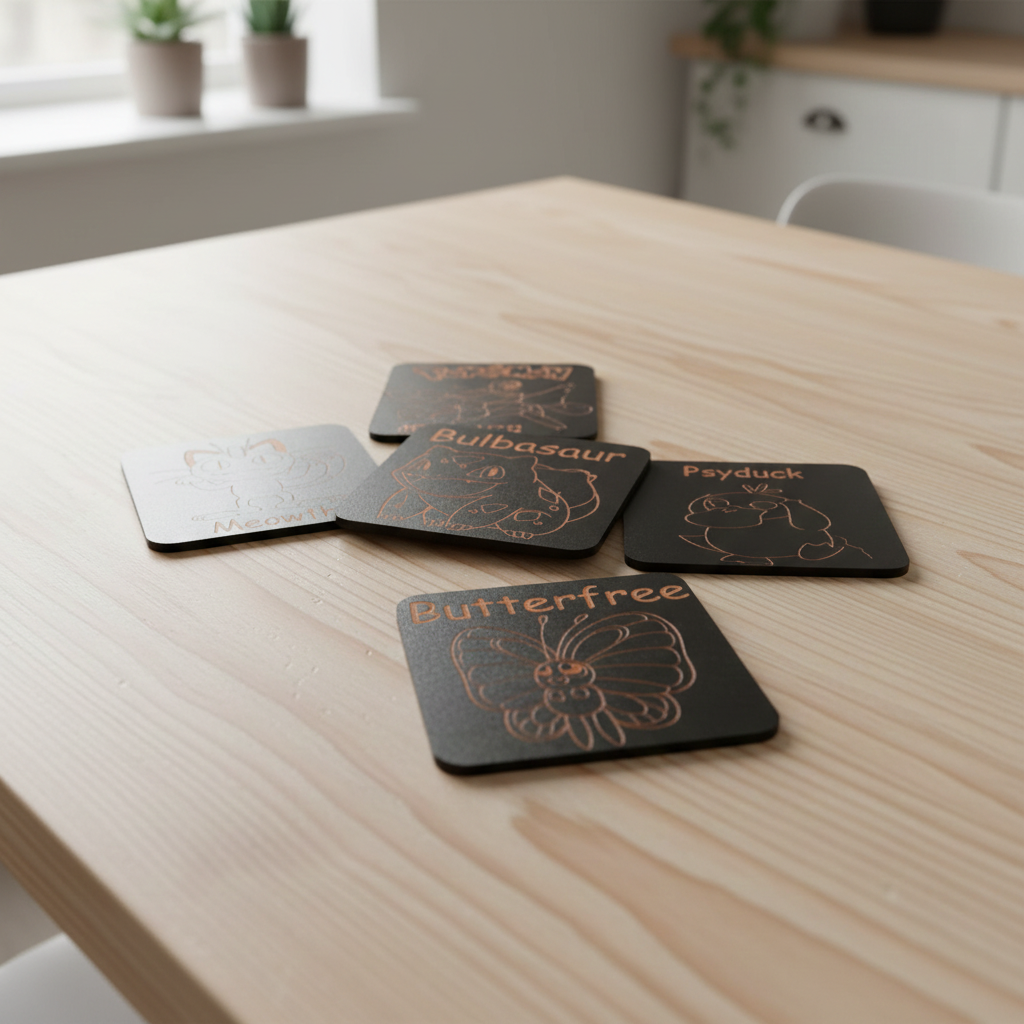 Set of 6, Pokémon Drink Coasters Collection. Black Topped Wood with Bumper Feet.