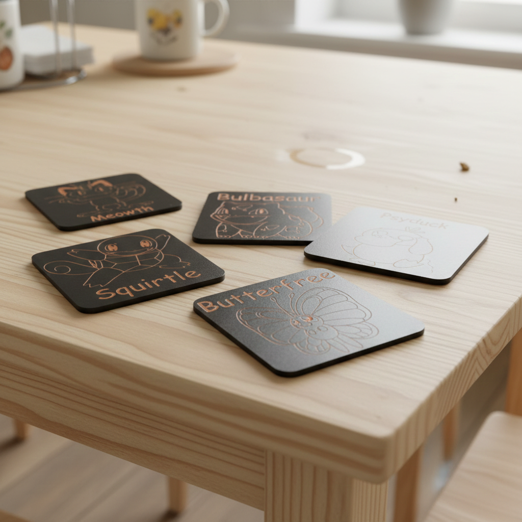 Set of 6, Pokémon Drink Coasters Collection. Black Topped Wood with Bumper Feet.