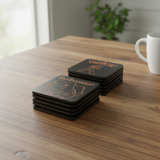 Set of 6, Pokémon Drink Coasters Collection. Black Topped Wood with Bumper Feet.