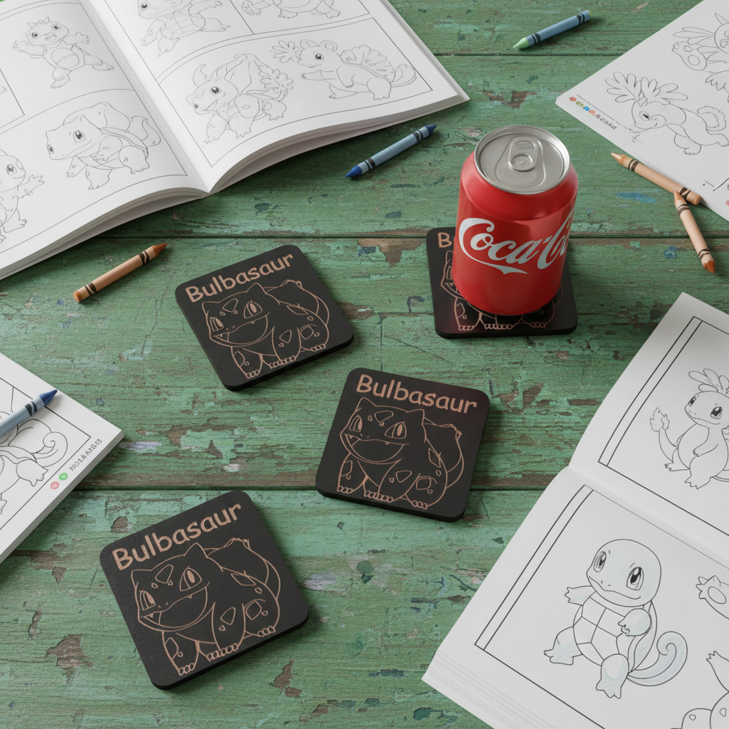 Set of 6, Pokémon Drink Coasters Collection. Black Topped Wood with Bumper Feet.