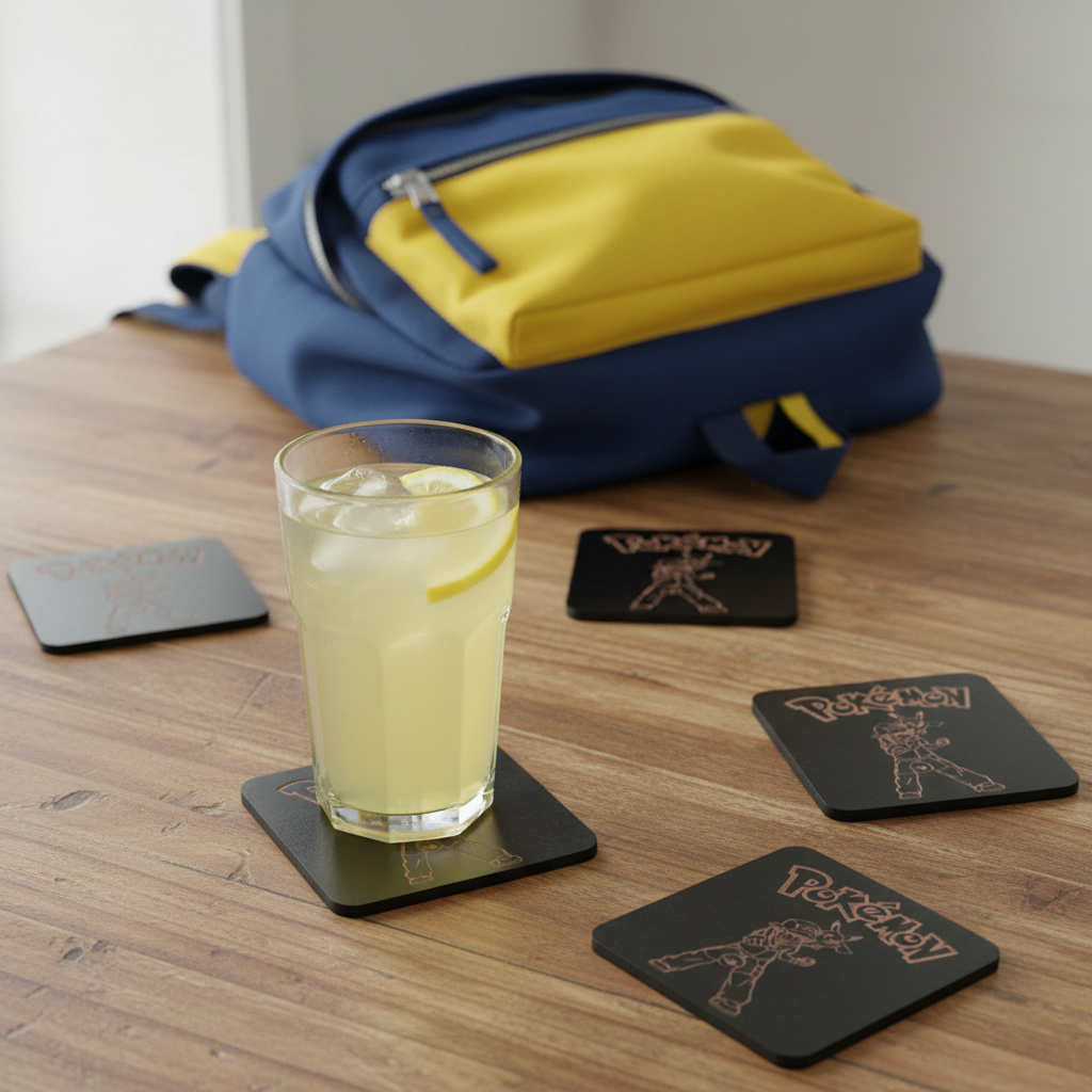 Set of 6, Pokémon Drink Coasters Collection. Black Topped Wood with Bumper Feet.