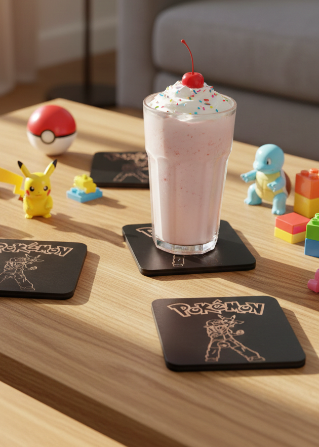 Set of 6, Pokémon Drink Coasters Collection. Black Topped Wood with Bumper Feet.