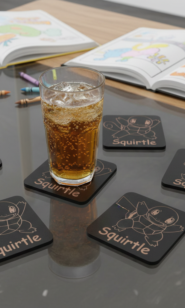 Set of 6, Pokémon Drink Coasters Collection. Black Topped Wood with Bumper Feet.