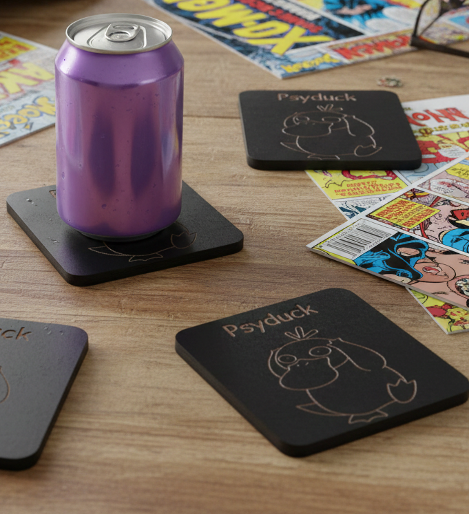 Set of 6, Pokémon Drink Coasters Collection. Black Topped Wood with Bumper Feet.