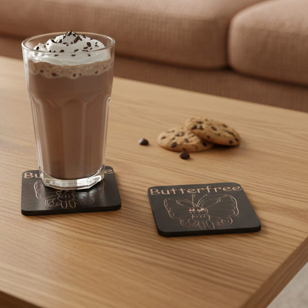 Set of 6, Pokémon Drink Coasters Collection. Black Topped Wood with Bumper Feet.