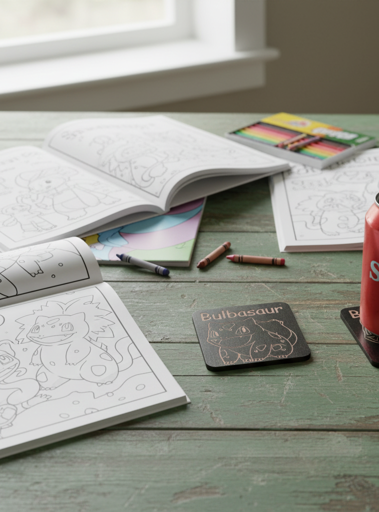 Set of 6, Pokémon Drink Coasters Collection. Black Topped Wood with Bumper Feet.