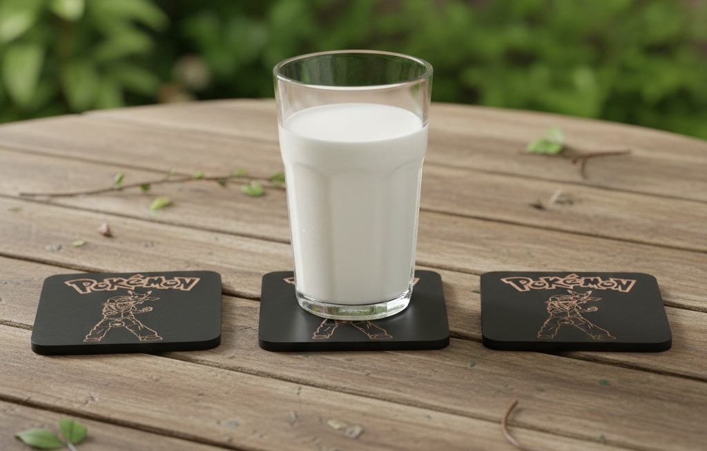 Set of 6, Pokémon Drink Coasters Collection. Black Topped Wood with Bumper Feet.