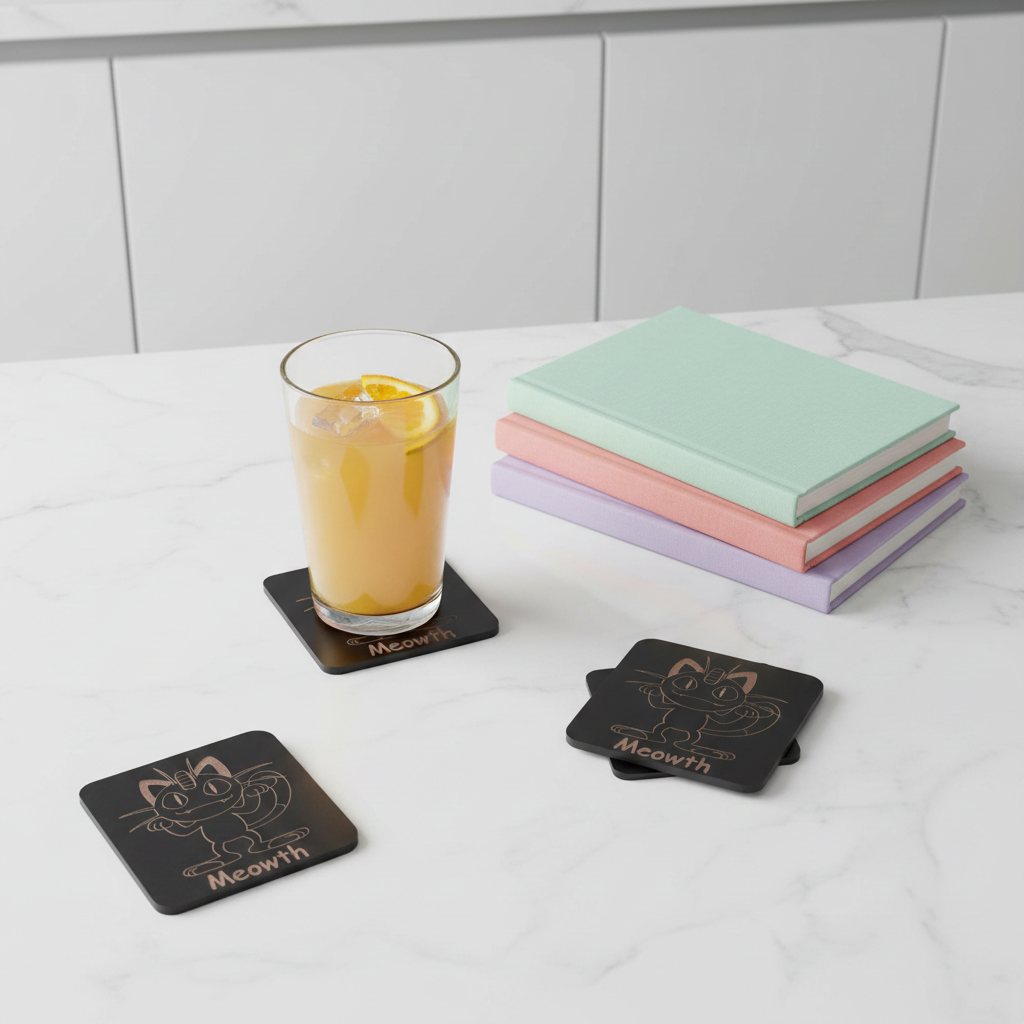 Set of 6, Pokémon Drink Coasters Collection. Black Topped Wood with Bumper Feet.