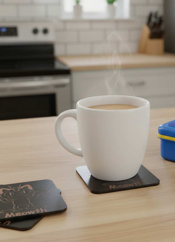 Set of 6, Pokémon Drink Coasters Collection. Black Topped Wood with Bumper Feet.