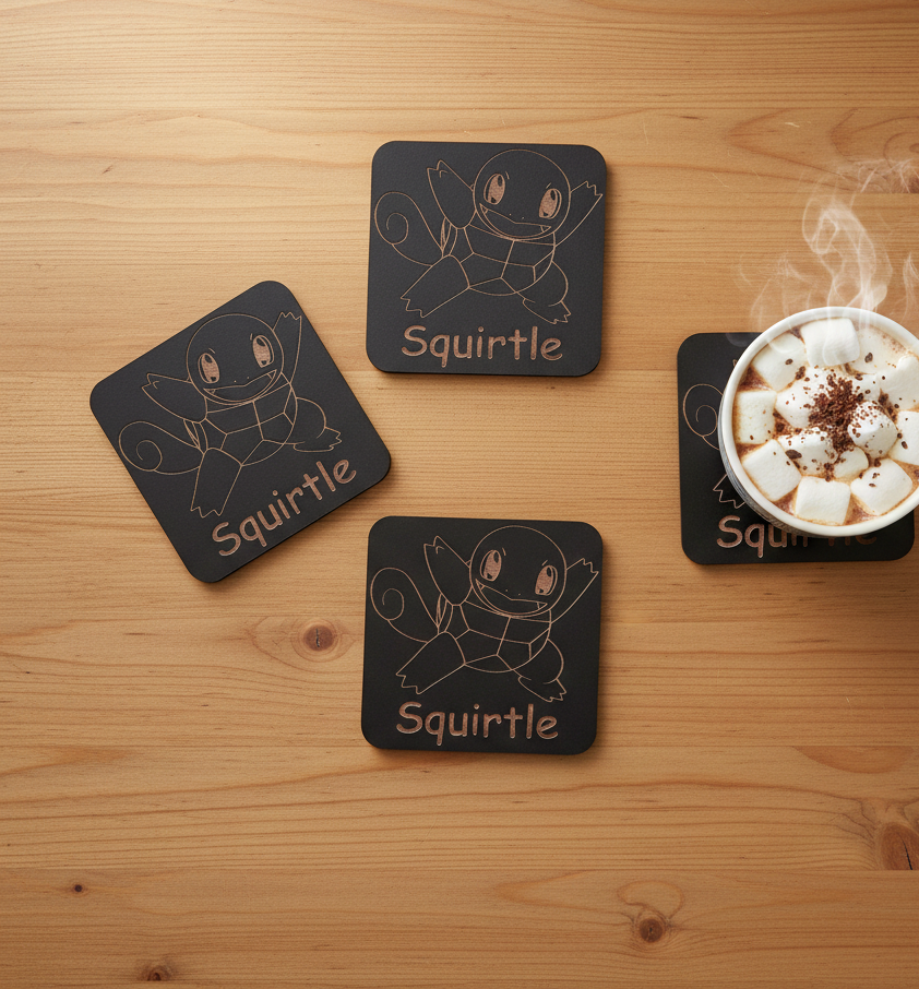 Set of 6, Pokémon Drink Coasters Collection. Black Topped Wood with Bumper Feet.