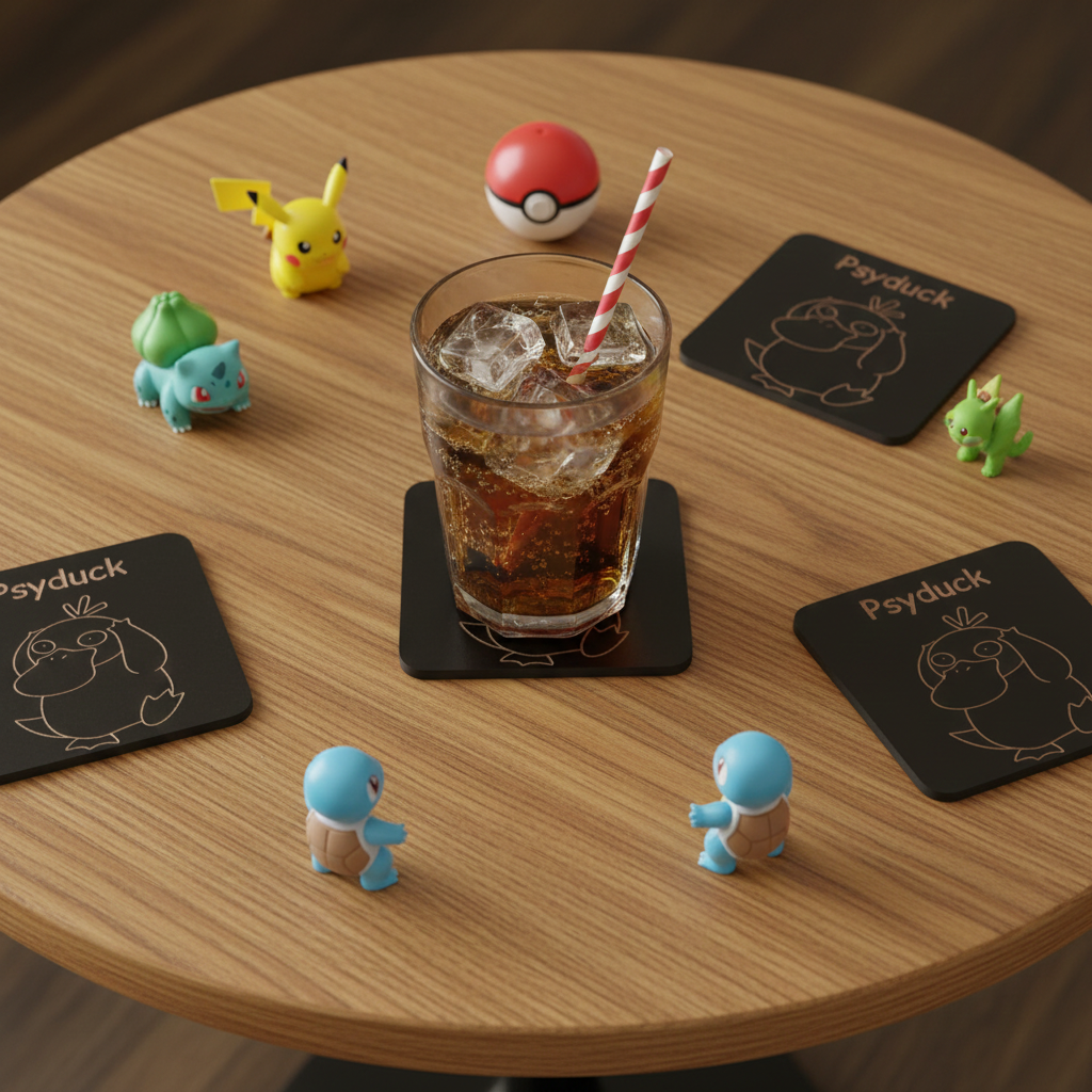 Set of 6, Pokémon Drink Coasters Collection. Black Topped Wood with Bumper Feet.