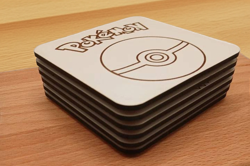 Pokémon Drink Coasters Collection. Set of 6 Wood Engraved Drink Coasters. White Collection.