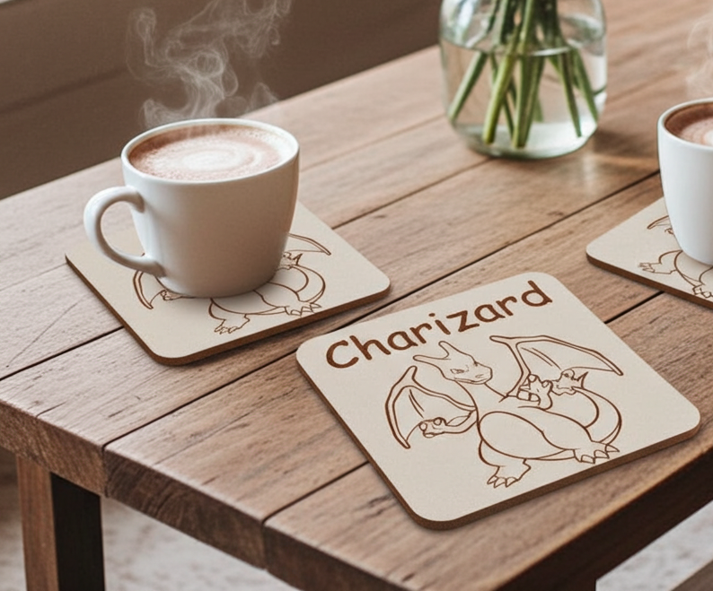 Pokémon Drink Coasters Collection. Set of 6 Wood Engraved Drink Coasters. White Collection.